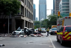 A building in downtown Atlanta with damage from a vehicle crash.