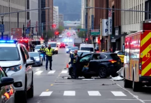 Scene of a stolen vehicle crash in downtown Atlanta showing damaged building and fire hydrant.