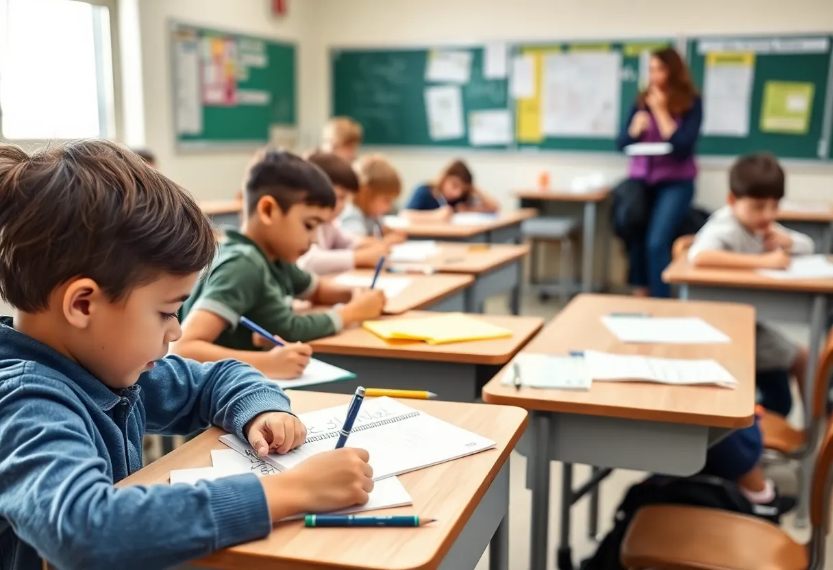 Students practicing cursive writing in a classroom setting