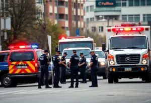 Police officers investigating a suspicious object at Atlantic Station, Atlanta.