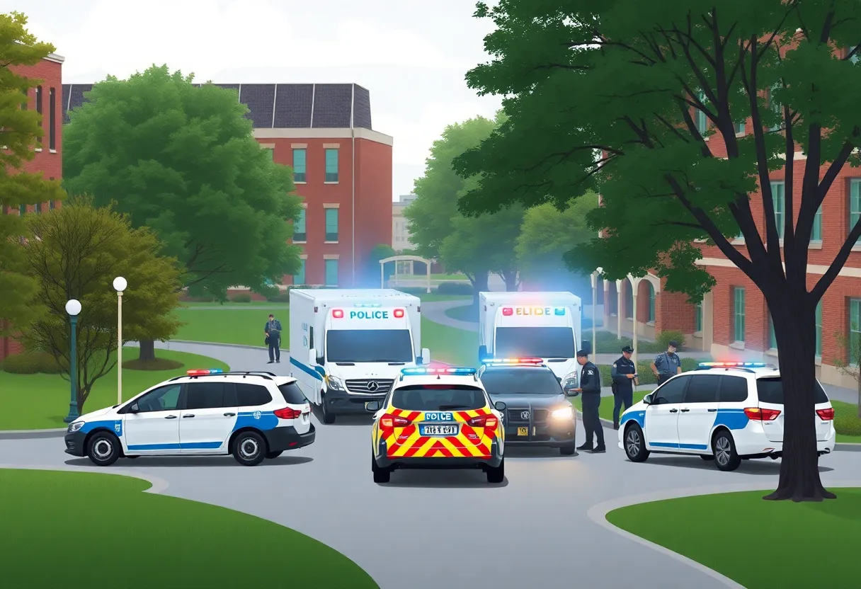 Emergency vehicles and police presence at a university campus during a swatting incident response