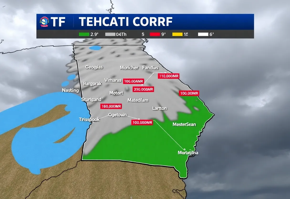Map showing thunderstorms projected over north and central Georgia