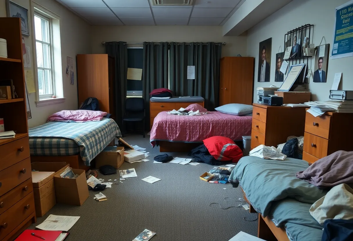 Dorm room showing signs of vandalism with belongings scattered
