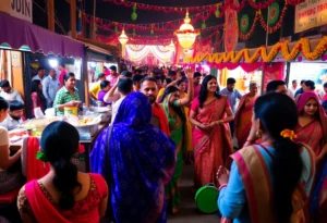 Celebration of Diwali at the Visions of India festival with cultural performers and food vendors.