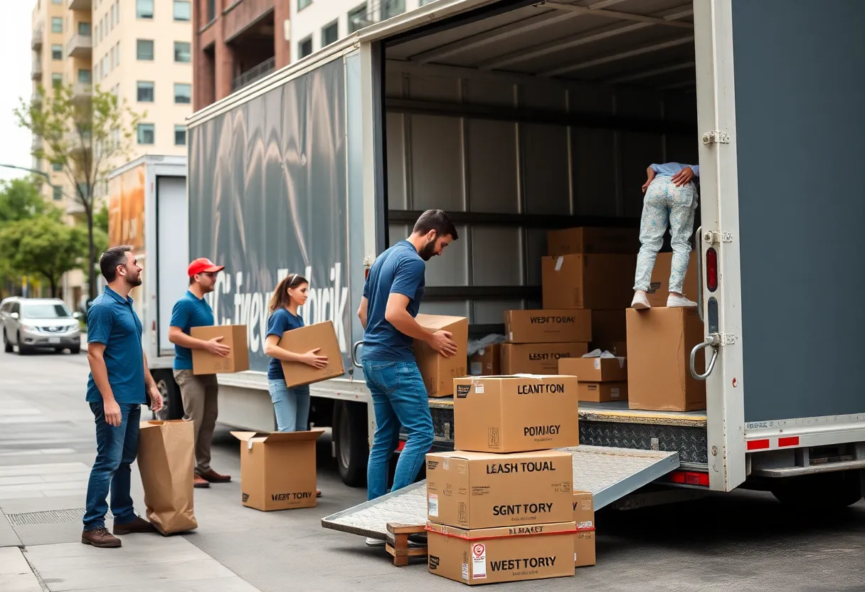 Moving team providing disaster relief services to affected families