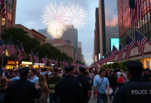 Fireworks over Atlanta with police presence during Fourth of July