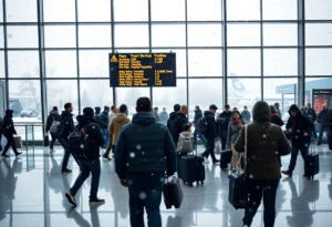 Travelers at Hartsfield-Jackson Airport experiencing delays during a winter storm.
