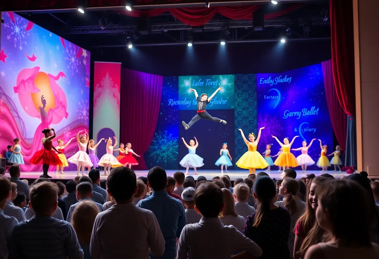 Dancers performing The Nutcracker on stage for students