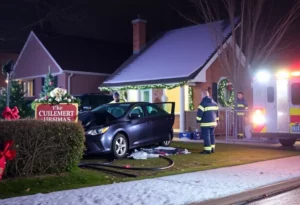 A residential area in Atlanta with a car crashed into the front of a house.