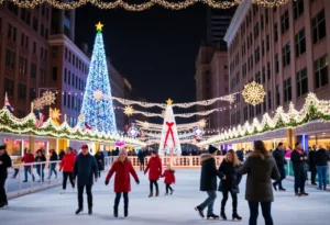 Festive scene of holiday events in Atlanta with colorful lights and activities.