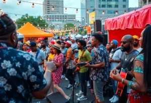 A colorful festival scene depicting artists and audiences in Atlanta's music scene.