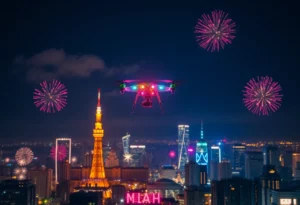 A vibrant digital drone peach display above Atlanta's skyline during New Year's Eve celebration.