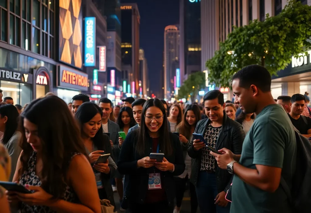 People in Atlanta enjoying the nightlife and engaging with digital content