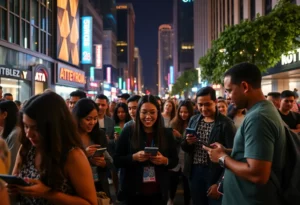 People in Atlanta enjoying the nightlife and engaging with digital content