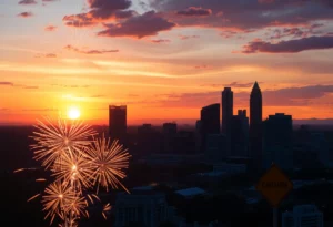 Fireworks display in Atlanta with a Red Flag Warning backdrop