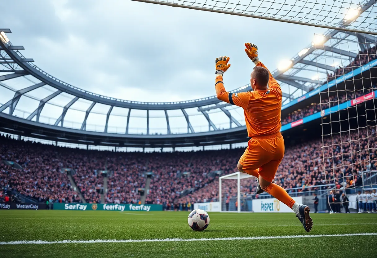 Goalkeeper in action during a soccer match