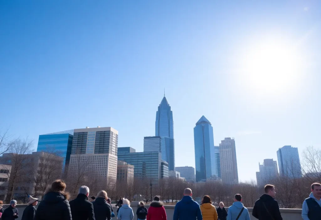 City skyline of Atlanta with bright sunshine and clear blue skies