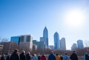 City skyline of Atlanta with bright sunshine and clear blue skies