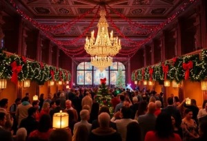 Festive holiday gathering in Beverly Hills with decorations and a joyful crowd
