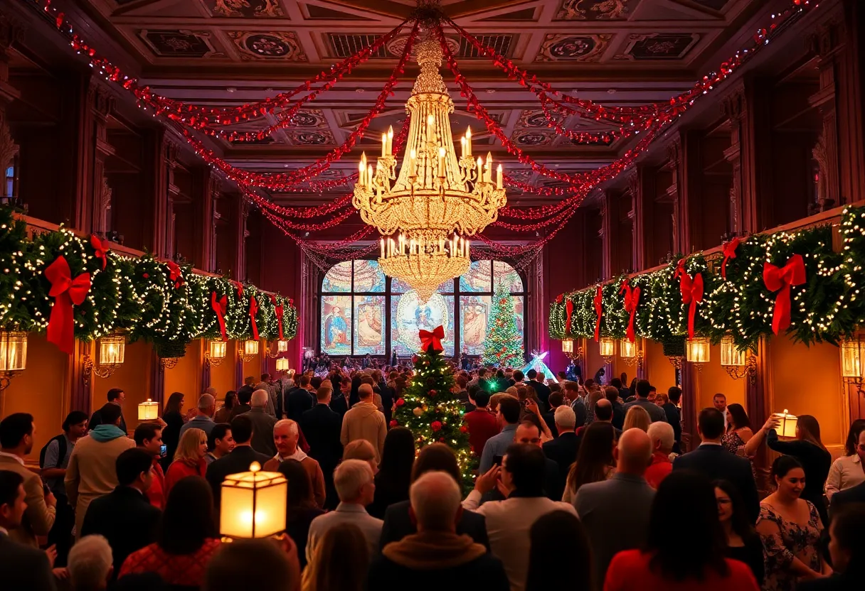 Festive holiday gathering in Beverly Hills with decorations and a joyful crowd