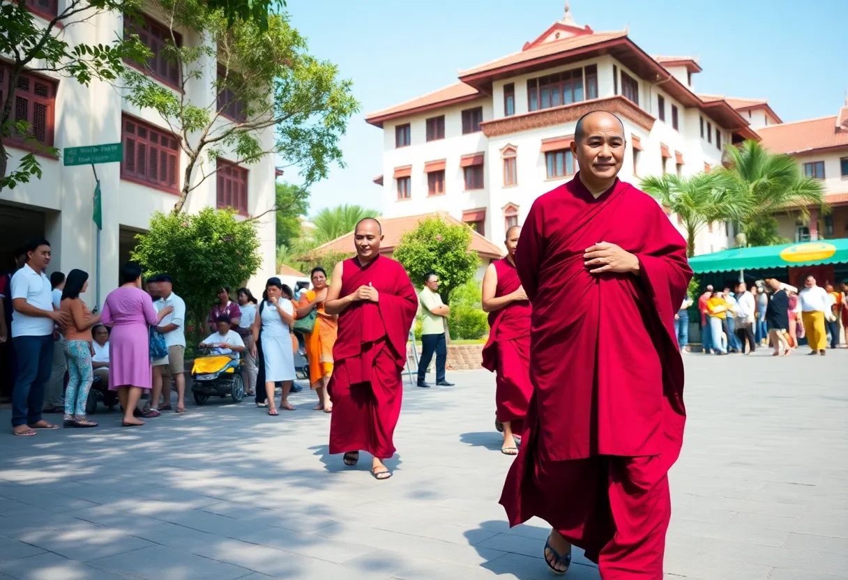 A group of Buddhist monks walking in Atlanta as part of a peace journey.