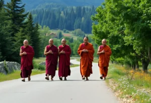 Buddhist monks walking on a peaceful road in Georgia