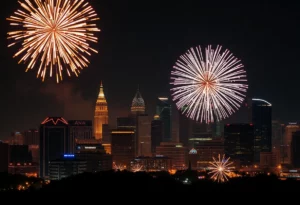 Digital drone peach display and fireworks over Atlanta for New Year’s Eve.
