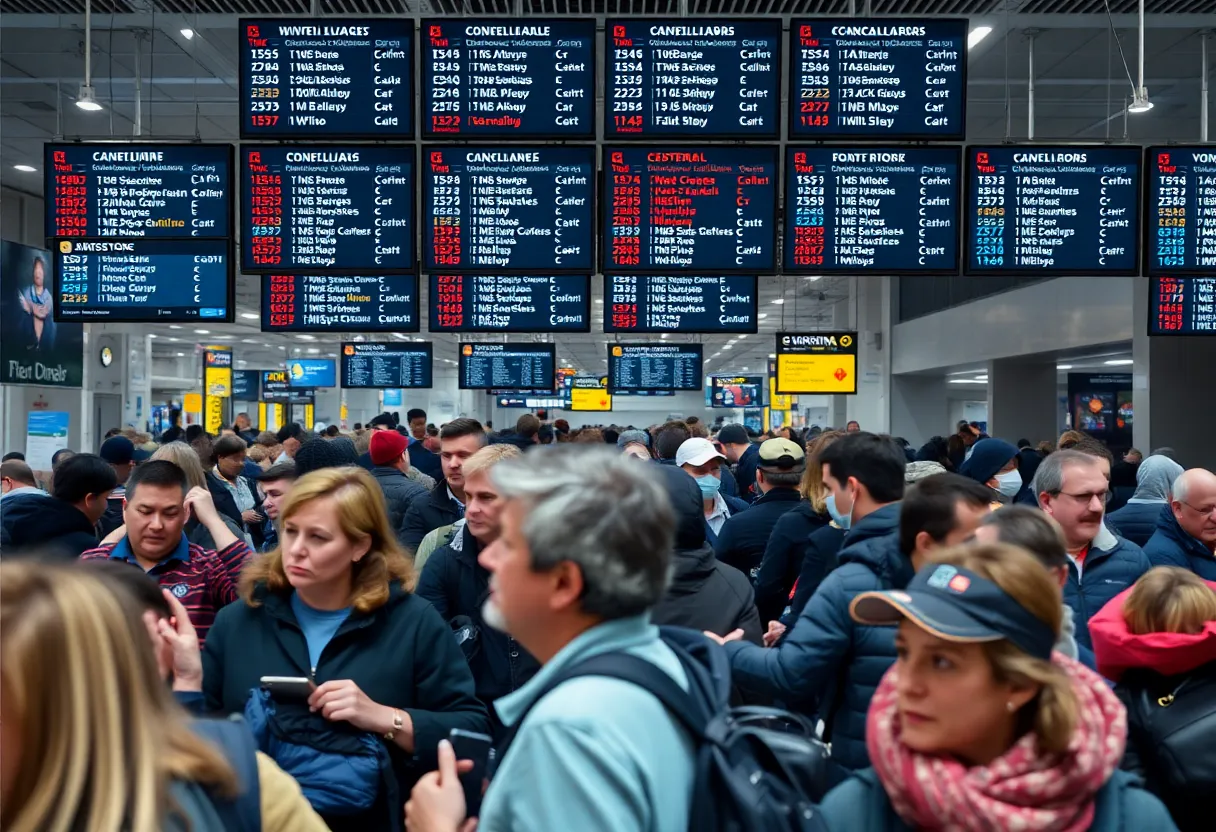 Passengers waiting in a crowded airport terminal with numerous flight cancellations
