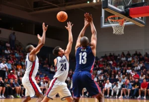 Atlanta Hawks and Miami Heat players competing on the basketball court.