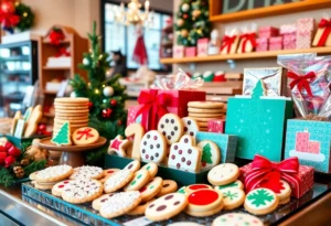 Assorted holiday cookies from various bakeries in Atlanta displayed on a festive table.