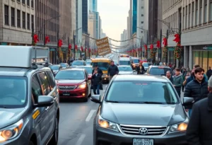 Engaged pedestrians and vehicles navigating a busy street in Atlanta during the holiday season.