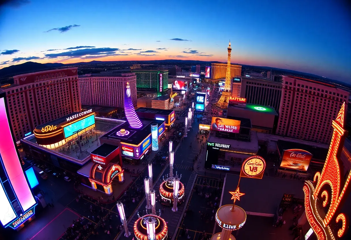 Night view of the Las Vegas Strip with neon lights