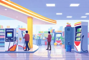 Illustration depicting the convenience store industry with self-service gas stations