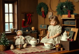 Scene of early 20th-century Christmas with toys and a letter