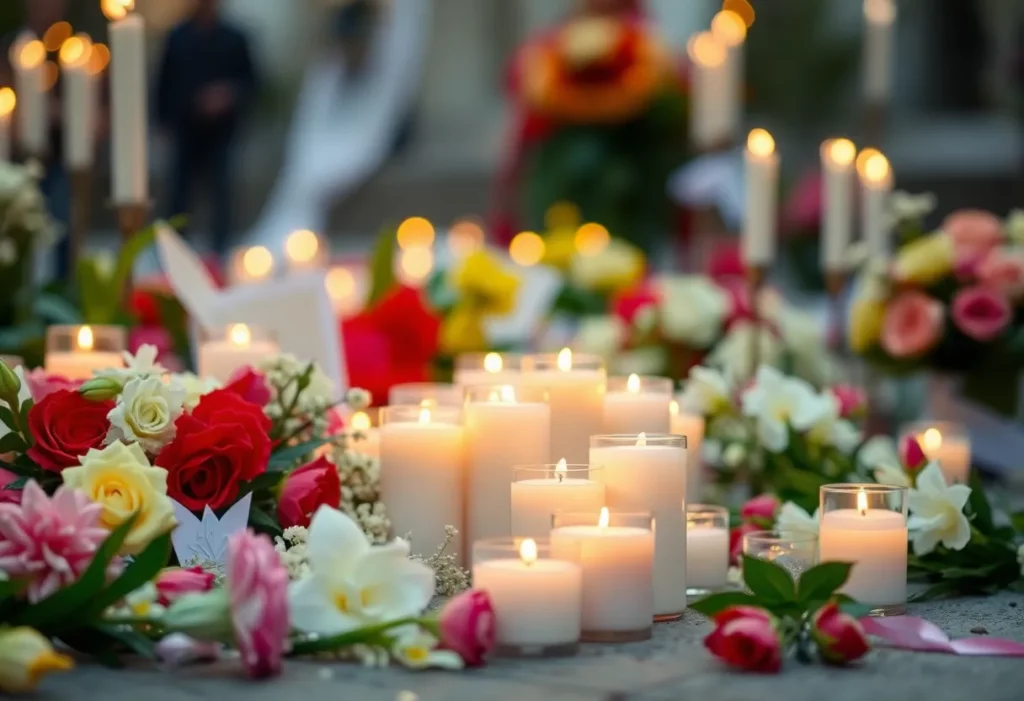 A memorial setup with flowers and candles