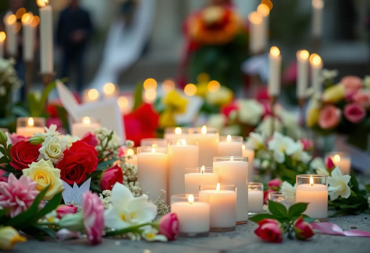 A memorial setup with flowers and candles