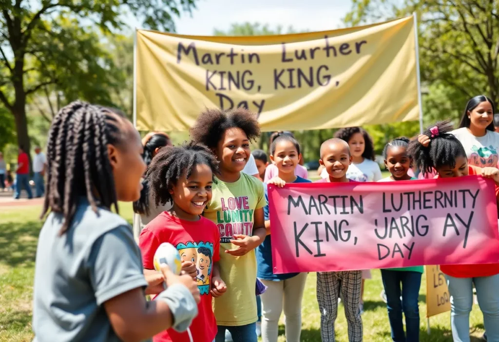 Families engaging in community service on Martin Luther King Jr. Day