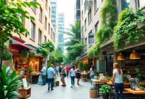 A bustling scene at Pittsburgh Yards with diverse small businesses.