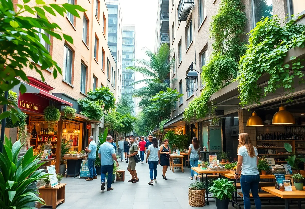 A bustling scene at Pittsburgh Yards with diverse small businesses.
