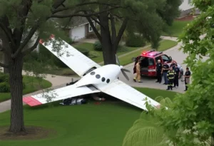 Crash landing of a Beechcraft plane in a neighborhood with trees and emergency responders