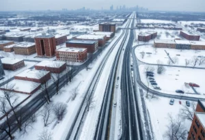 Aerial view of urban area affected by severe winter storm