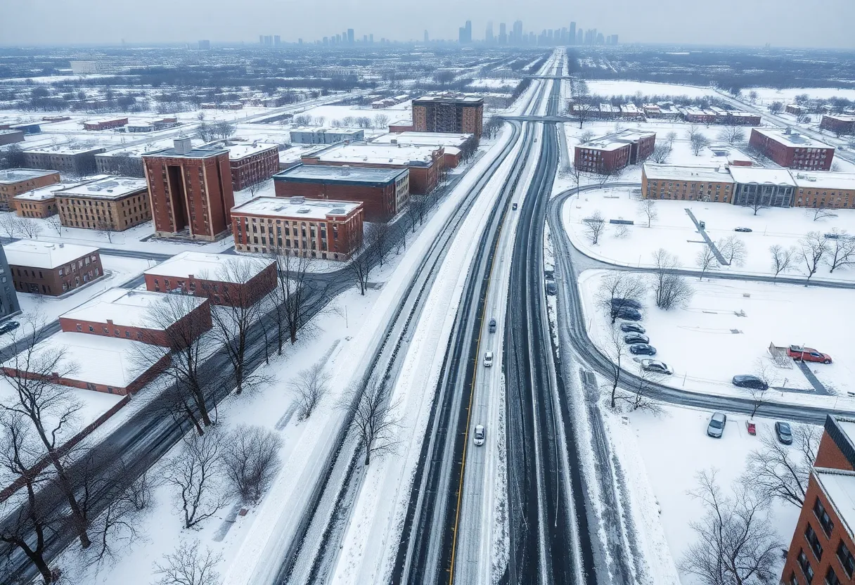 Aerial view of urban area affected by severe winter storm