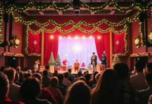 A vibrant stage of a holiday-themed theater performance.
