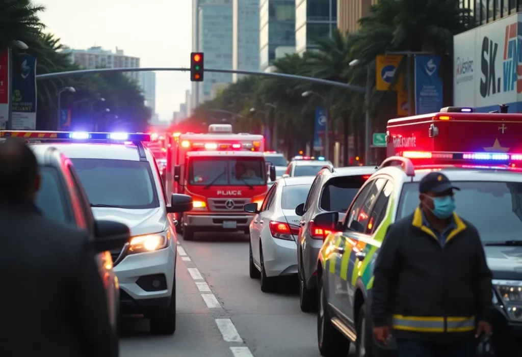 Urban street in Atlanta with traffic disruption and pedestrians