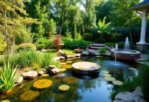 A serene backyard with a pond and garden accessories
