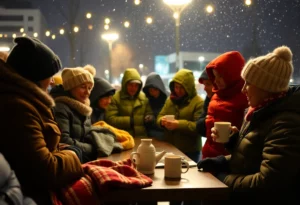 A warming center in Atlanta with people gathering for shelter during freezing temperatures.
