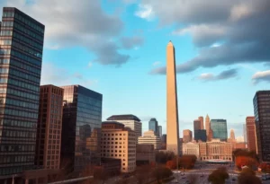 A bustling cityscape of Washington D.C. with modern buildings representing real estate growth.