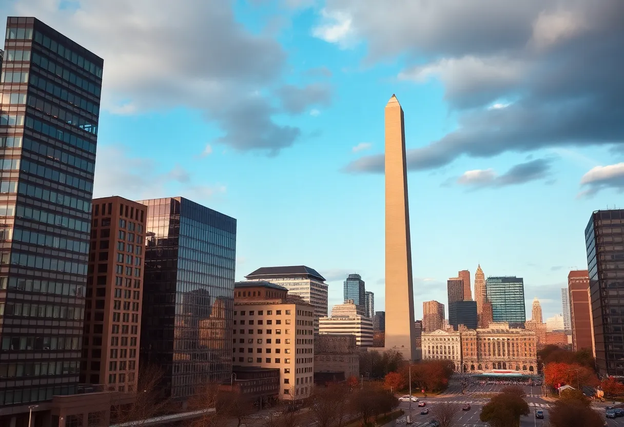 A bustling cityscape of Washington D.C. with modern buildings representing real estate growth.