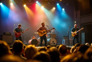 Widespread Panic performing live with a guest musician at The Fox Theatre.