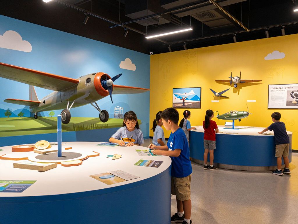 Interactive exhibit showcasing the AIM HIGH theme with children exploring STEAM concepts.